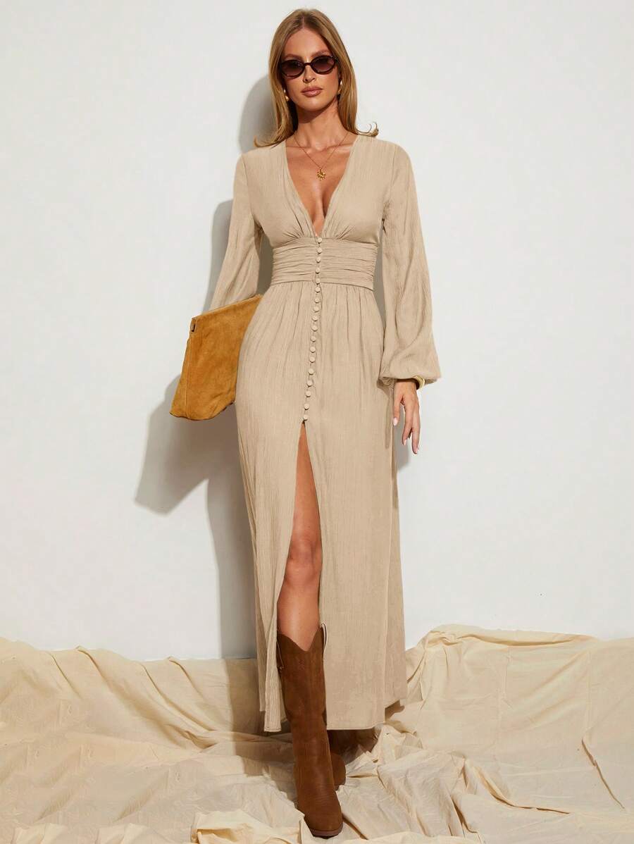 COSMINA Women's Elegant Brown High Slit Long Sleeve Dress, Suitable For Resort Vacation, Spring/Summer,Business Casual Woman Maxi Dress Long Sleeve - Apricot - View 1