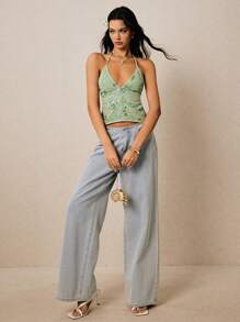 Poéselle Women's Deep V Glamorous Fitted Sequins Halter Top