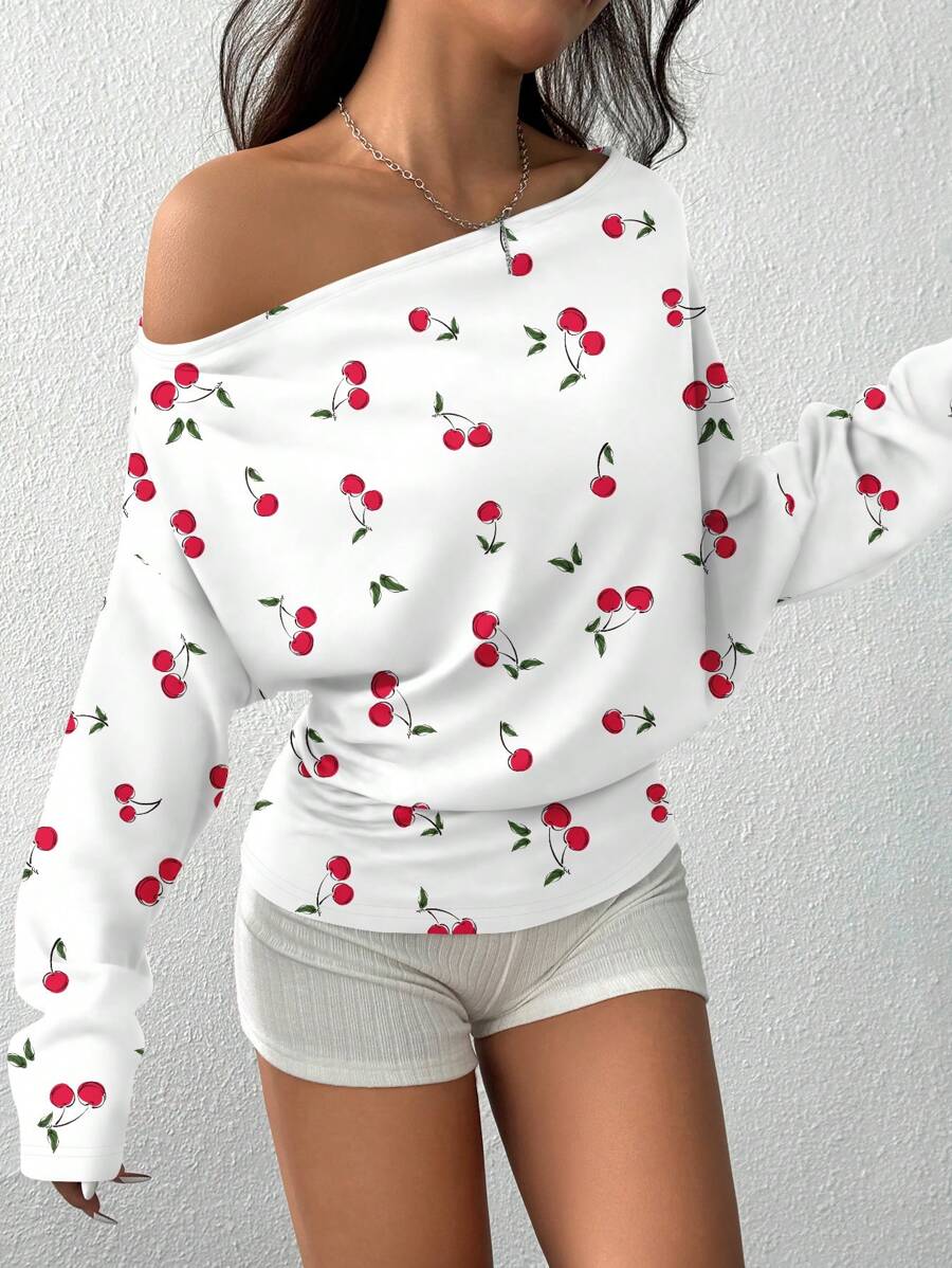 SHEIN EZwear 女款秋冬櫻桃印花不對稱肩設計極簡風衛衣 - 彩色 - 查看 1