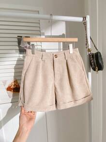 SHEIN EZwear 女士夏季沙滩户外休闲高腰卷边灯芯绒短裤 - 杏色 - 查看 3