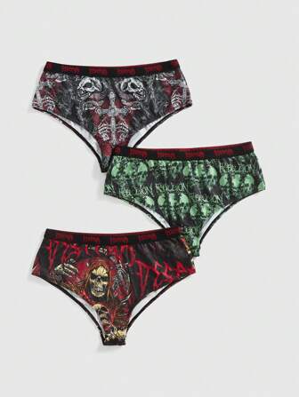 Grunge Punk 3pcs Pack Plus Size Punk Rock Y2K Snake, Skull, Cross, Flame Graphic Triangular Briefs