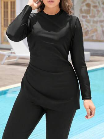 Swim Mulvari 1 件大码女式纯色单侧褶保守修身遮肚布基尼泳衣上衣