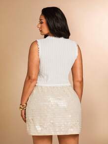 SHEIN BAE Plus Size Women's Summer White Lace Patchwork Vest,Elegant V-Neck Knitted Tops,Casual Textured Hook And Loop Party Wedding Birthday Club Top - White - View 6