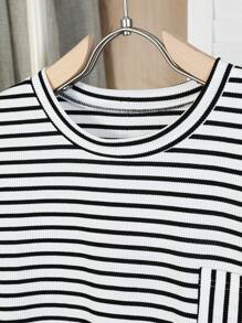 SHEIN 2pcs/Set Plus Size Casual Striped Crew Neck Short Sleeve Top And Shorts Set