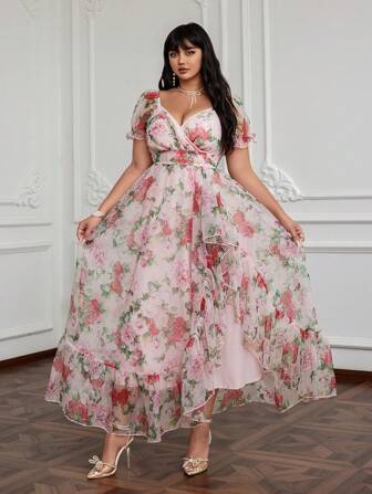 Lyrianda 大码甜心领泡泡袖度假欧根纱浪漫花卉印花荷叶边下摆优雅可爱复古长款 A 字连衣裙，女式，春夏，粉色