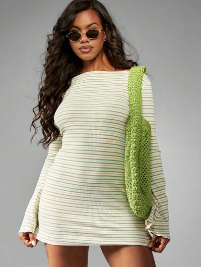 MISSGUIDED Retro Style Ribbed Mini Dress Bell Sleeve Stripe Pattern Boat Neck Spring Summer Sun Dress Christmas