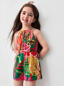 SHEIN 年轻女孩时尚碎花编织连体衣，圆领无袖连体衣 - 玫紅色 - 查看 2