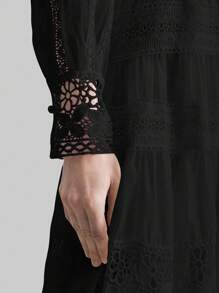 Ontre Abito lungo elegante da donna con scollo a V, maniche lunghe e contrasto di colore in pizzo