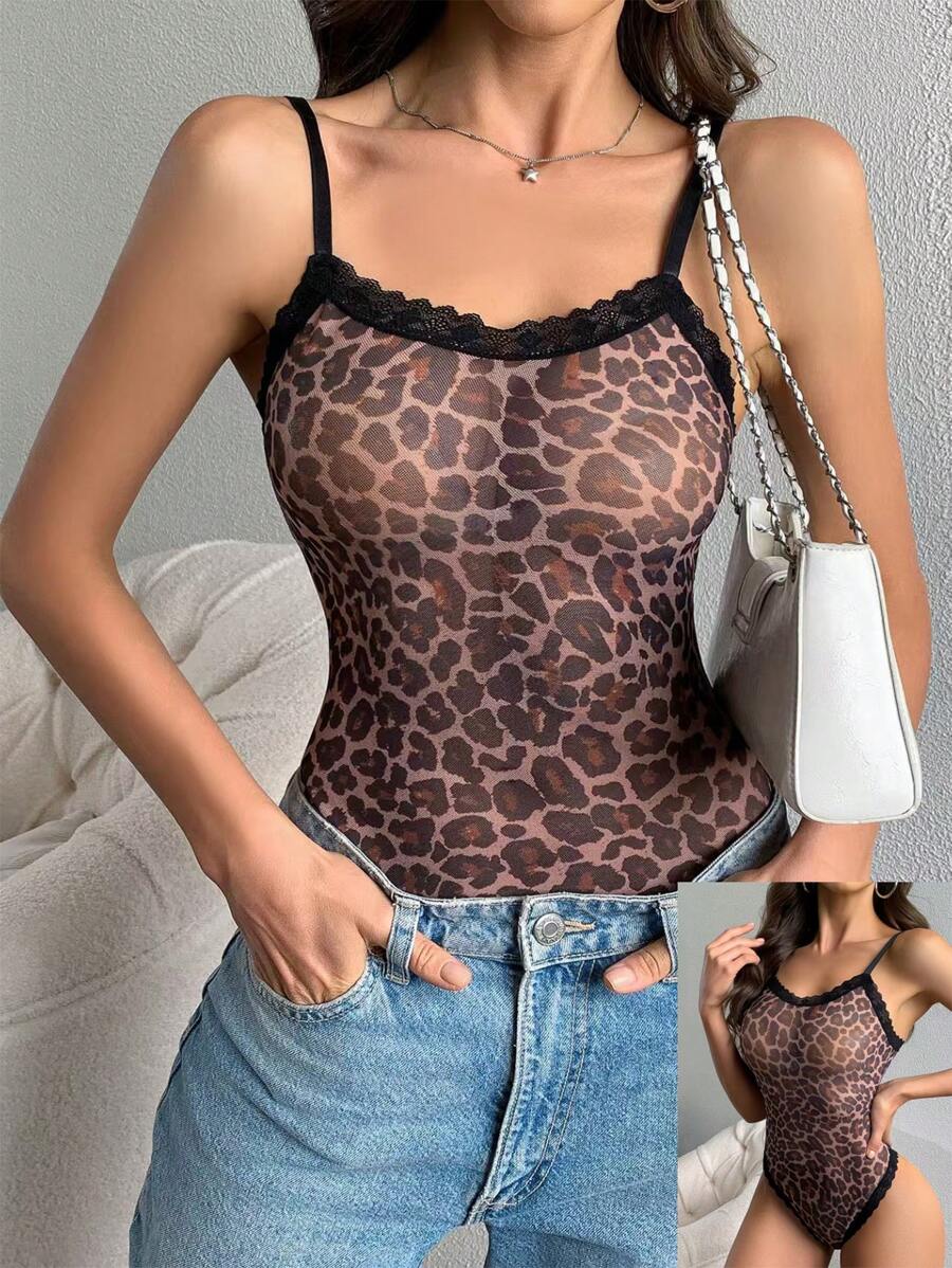 SHEIN 1件女士性感豹纹网眼连体裤 - 彩色 - 查看 1