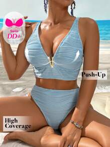 Swim DD+ Bộ Bikini Cạp Cao Cổ Chữ V Sâu, Thời Trang, Phù Hợp Cho Mùa Hè - Màu xanh lam - Xem 3