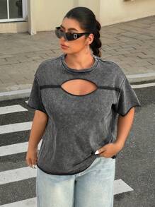 SHEIN EZwear Plus Size Loose Scoop Neck T-Shirt With Ruffle Detail, Suitable For Spring/Summer - Black - View 5