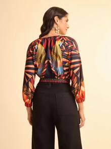 CAJUNI Women's Casual Tropical Colorful Parrot Print Bell Sleeve Cropped Shirt, Black Round Neck - Multicolor - View 2