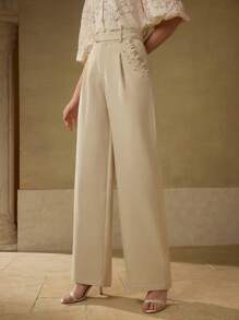 MOTF PREMIUM FAUX PEARL AND RHINESTONE DETAIL SLANT POCKET WIDE LEG SUIT PANTS - Khaki - View 5