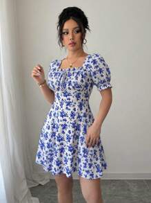 Rafferiza Women's Elegant Floral Print Square Neck Mini Dress, Ruffle Trim, Ruffle Sleeve, Suitable For Spring/Summer/Autumn - Blue - View 3
