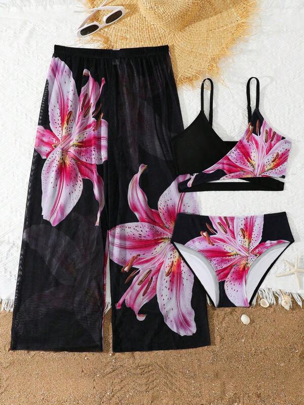 SHEIN 3pcs Tween Girls Flower Print Cross Bikini Swimsuit Set With Cover-Up Pants