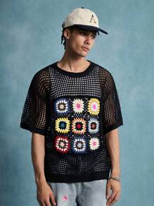 ROMWE MEN Casual Jersey cuello redondo retro para hombre con patchwork y tartán abuela, moda