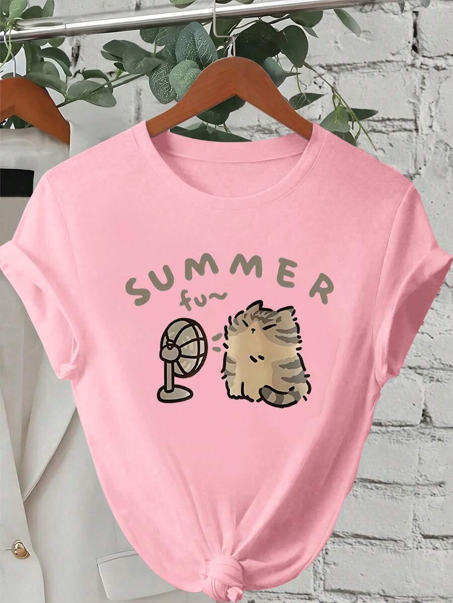 Teen Girls' Summer Cat Letter Print Round Neck Short Sleeve Casual T-Shirt  For Summer