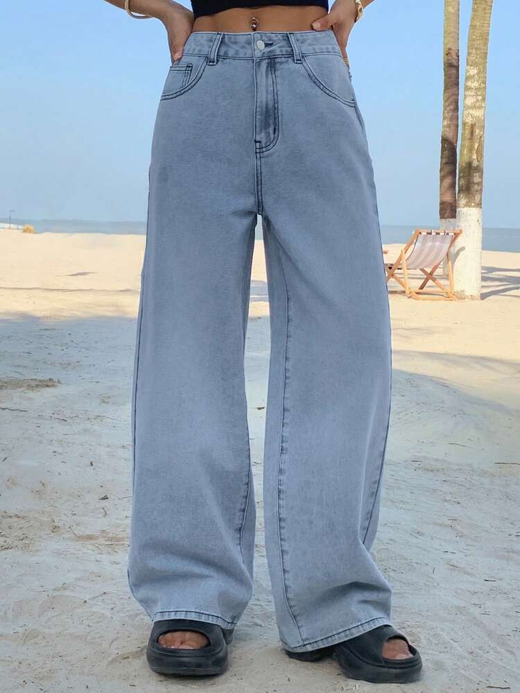 Women's Casual Loose Fit Wide Leg Jeans With Pockets, Versatile