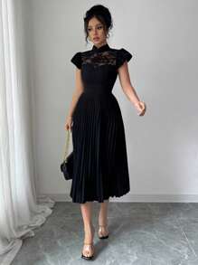 Elenzga Women's Elegant Romantic Dress With Peplum Sleeves, Stand Collar, Waist Gather, Contrast Lace - Black - View 6