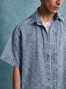 ROMWE MEN Casual 男士夏季格子短袖单排扣休闲牛仔衬衫 - 藍色 - 查看 2