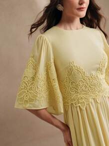 Anewsta New French Elegant Round Neck Patchwork Lace Ruffle 3/4 Sleeve Chiffon Slim Fit Midi Dress, Spring/Summer