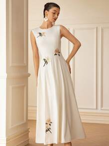 Aveloria New Spring/Summer High-End Quality Women's Dress, Slimming Effect Waistline, Rose Flower Embroidered Sleeveless Round Neck Maxi Dress, French Couture A-Line Flared Hem Long Gown, Elegant Retro Old Money Design, Suitable For Commuting, Vacation, Dating, And Business Occasions - White - View 6