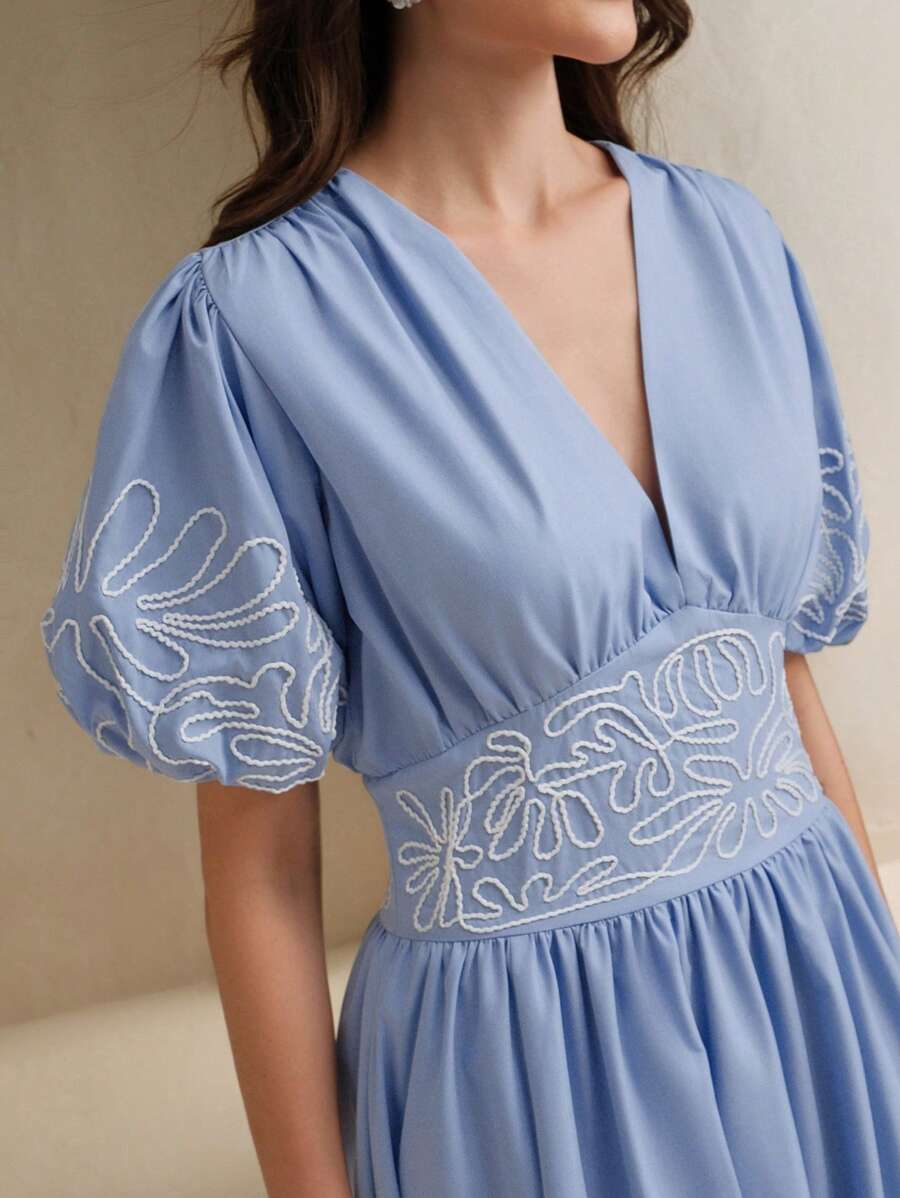 Anewsta Váy dự tiệc cưới cho nữ mùa xuân, mùa hè, lễ hội - Váy maxi cổ chữ V tay đèn lồng thêu hoa thanh lịch có viền xếp nếp - Màu xanh lam - Xem 1