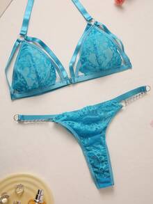 SHEIN Women's Front Closure Metal Chain Sheer Lace Lingerie Set For Going Out - Dusty Blue - View 4