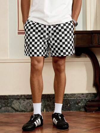 Pantalones cortos a cuadros de bolsillos en diagonal con gráfica para hombres, regalos para esposo o novio