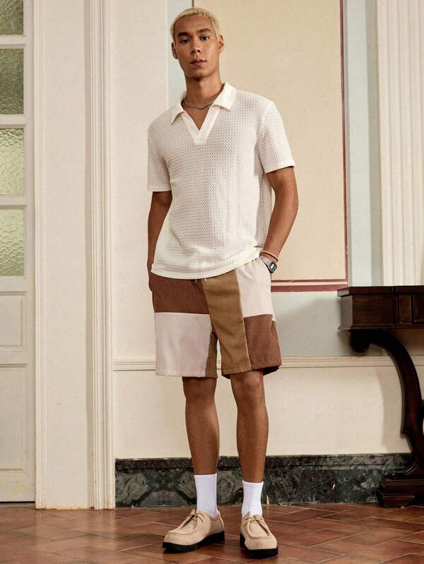 SWAVVY Men's Color Block Drawstring Waist Corduroy Shorts, Loose Fit