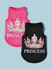 PETSIN 2pcs Princess Style Diamond Crown & English Text Print Breathable Cool Dog/Cat Vest/Top, Suitable For Pets