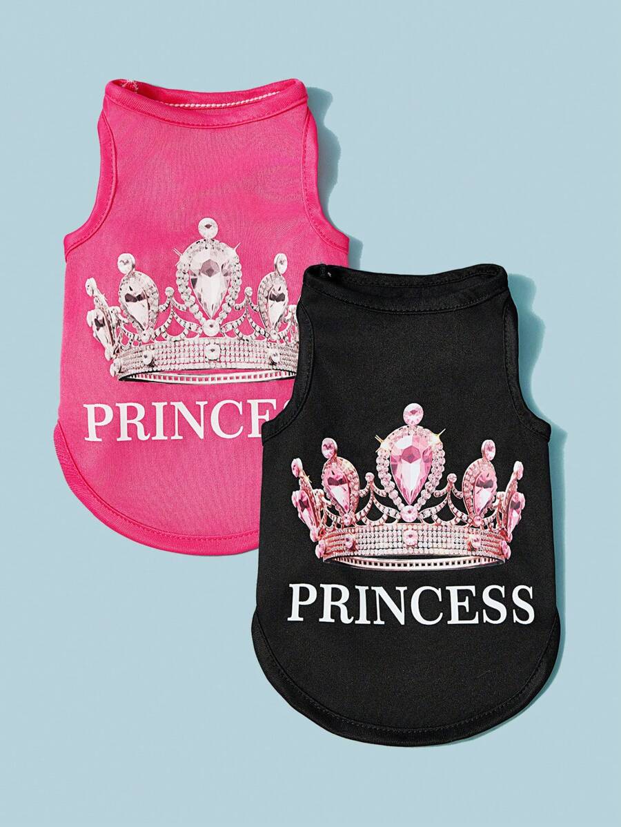 PETSIN 2pcs Princess Style Diamond Crown & English Text Print Breathable Cool Dog/Cat Vest/Top, Suitable For Pets