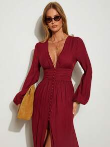 COSMINA 女士优雅高开叉长袖连衣裙，适合度假，棕色 - 酒紅色 - 查看 4