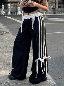 Coolane 女式夏季可爱 Y2K 派对蕾丝蝴蝶结中腰直筒黑色裤子 - 黑色 - 查看 3