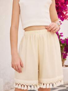 SHEIN 1 pieza Pantalones cortos deportivos con dobladillo de flecos para niñas, adecuados para la escuela y el verano