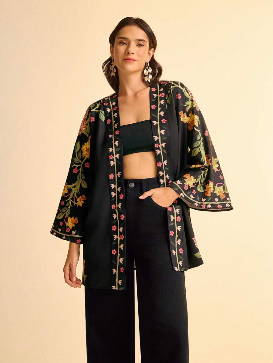 CAJUNI Women's Boho Tropical Floral & Bird Print Loose Beach Kaftan, Holiday Clothes, Vacation Outfits Woman, Festival - Multicolor - View 1