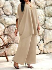 SHEIN Lady Spring And Summer Elegant Commuting Office Casual Boho Khaki Woven V Neck Batwing Sleeve Tape Ruffle Neck Long Short Sleeve Plus Size Co-Ords,Two Piece Set Women - Khaki - View 3