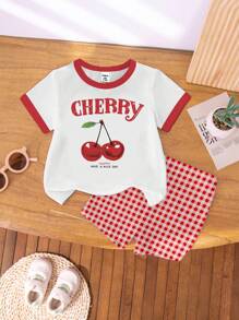 2pcs/Set Toddler Girls' Casual Fashion Creative Red & White Cherry Print Short Sleeve T-Shirt And Shorts Outfit, Sibling Matching Clothes (2 Pieces Sold Separately) Cherry Clothes For Baby Girl Cherry Toddler Outfit Cherry Baby Clothes Short Sets For Girls