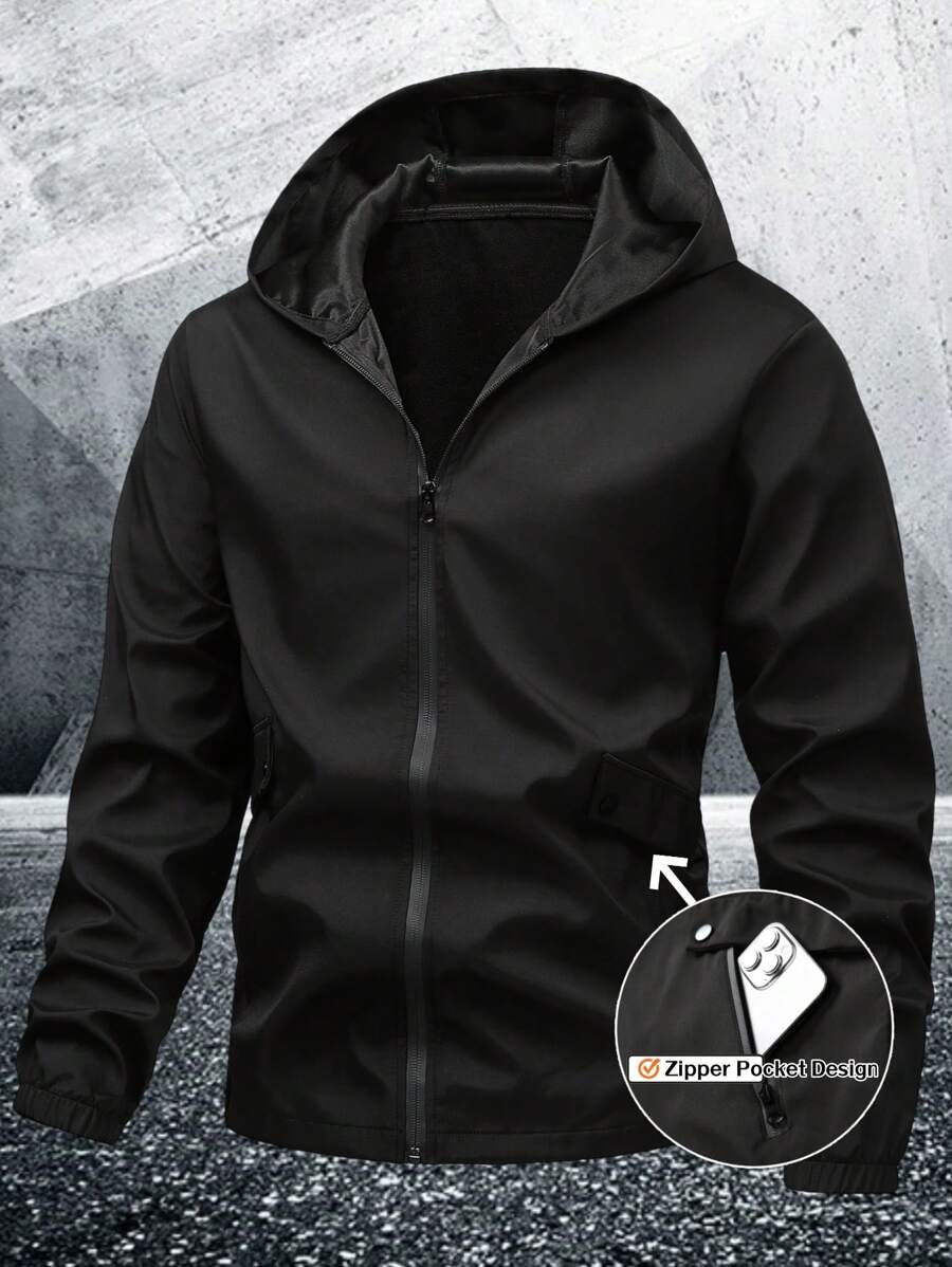 Manfinity Homme Men Plain Long Sleeve Zip Front Casual Hooded Jacket, Fall Outdoor Windbreaker - Black - View 1