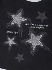 2 件套女童街头时尚星星图案修身短款针织 T 恤 + 宽松牛仔印花工装裤套装 - 黑色 - 查看 6