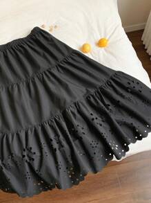 SHEIN EZwear Plus Size Women Solid Color Casual Vacation Versatile Crinkle Skirt - Black - View 4