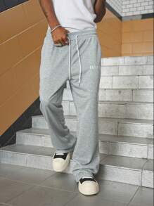 Manfinity Homme Men's Casual Sports Letter Graphic Drawstring Waist Sweatpants - Light Grey - View 1