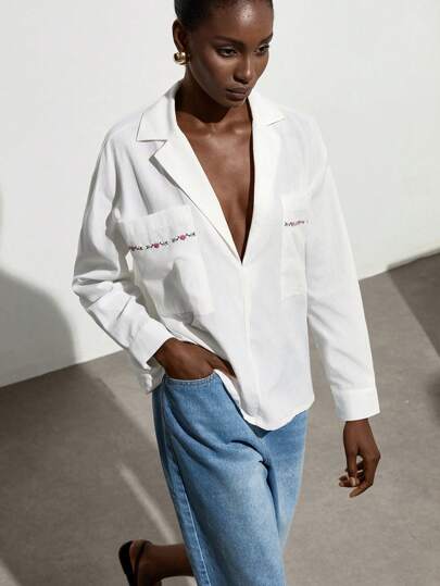 SHEIN Privé Oversize White Casual Loose Blazer With Deep V-Neck, Large Pockets, Embellished Rose Print, Long Sleeve Shirt For Women Fall Cloth For Women