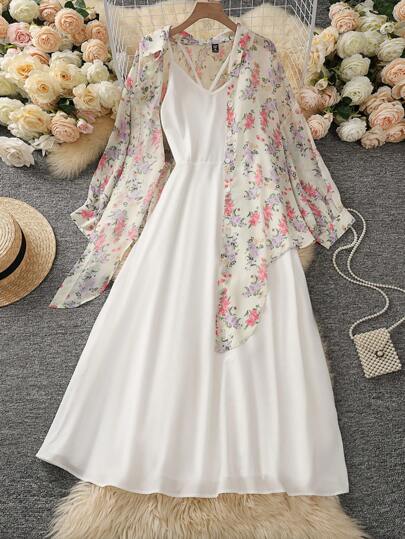 DreamSkyne فستان أبيض نقي مطبوع بفساتين كبار السن للنساء من الشيفون الحرير الذهبي مع أحمال