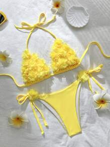 Swim Mod Solid Color Patch Halter Knotted Bikini Swimsuit For Summer Beach Vacation - Yellow - View 2