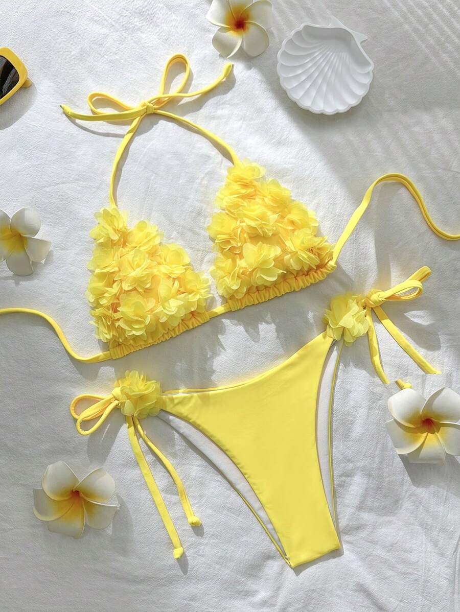 Swim Mod Solid Color Patch Halter Knotted Bikini Swimsuit For Summer Beach Vacation
