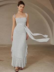 Revavyn 优雅时尚波尔卡圆点系带蝴蝶结点缀荷叶边下摆连衣裙，配腰带，女款 - 白色 - 查看 3