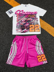 Manfinity Roghcode 2 件套男士字母图案圆领短袖休闲 T 恤和抽绳腰短裤套装，送给丈夫或男朋友的礼物，情侣装 2 件短套装两件短套装搭配短套装男士短裤套装图案 T 恤和短裤套装 - 彩色 - 查看 1