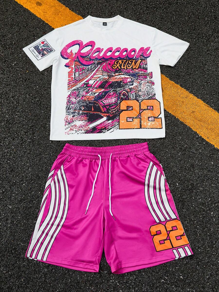 Manfinity Roghcode 2 件套男士字母图案圆领短袖休闲 T 恤和抽绳腰短裤套装，送给丈夫或男朋友的礼物，情侣装 2 件短套装两件短套装搭配短套装男士短裤套装图案 T 恤和短裤套装 - 彩色 - 查看 1