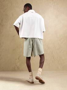SUMWON Quần short thể thao thường ngày bằng vải cotton pha sọc mùa hè có thêu logo thương hiệu nhỏ, quần dài đi biển mùa xuân thiết yếu - màu xanh lá - Xem 5